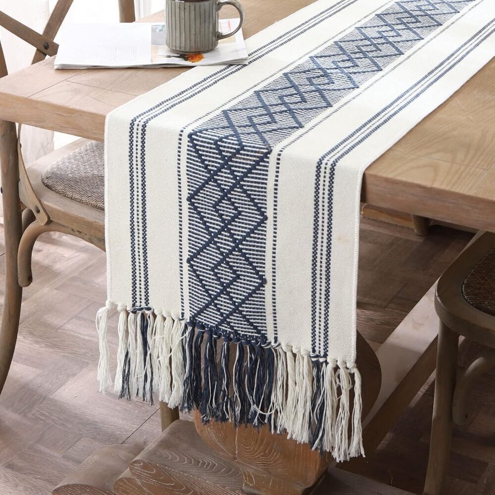 Woven Table Runners Farmhouse Style,Boho Table Runners 90 inches Long with Tasse